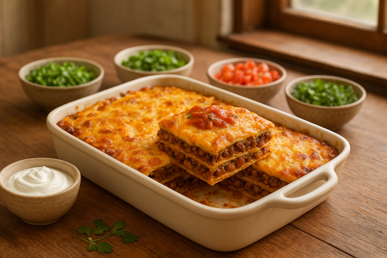 Easy Taco Casserole with Tortillas, Beef, and Beans