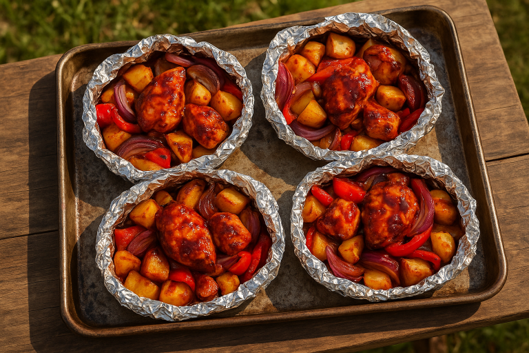 BBQ Chicken Foil Packets with Potatoes and Peppers