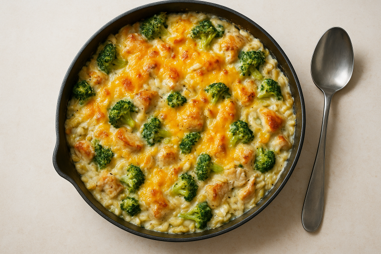 One-Pot Chicken Broccoli Casserole with Cheddar Orzo